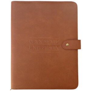 tan zippered portfolio with embossed Penn State University and snap closure